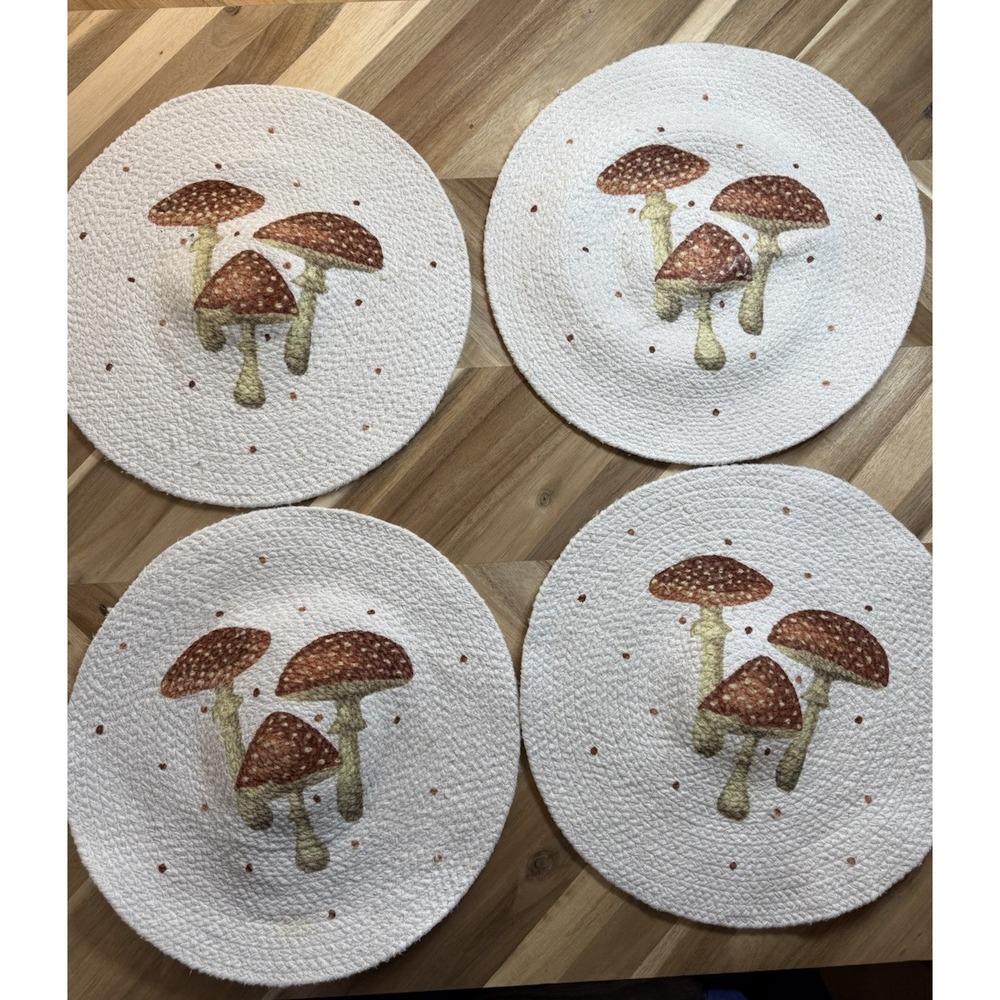 4 Mushroom Round Cotton Weave Placemats Vintage Retro‎ Style Cottagecore Forest